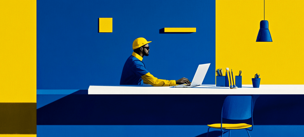A metal fabricator working on laptop