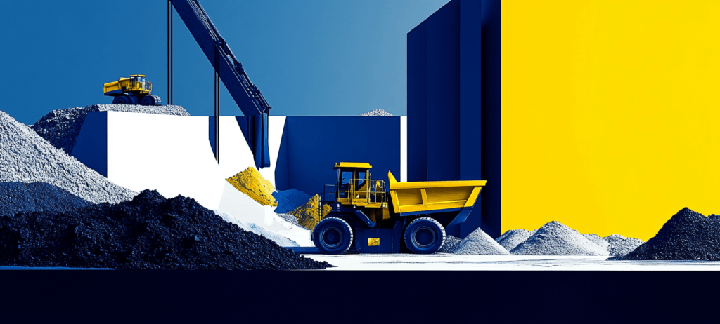 Mining vehicle with blue and yellow background
