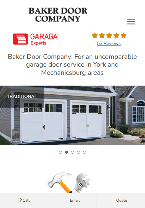 Mobile version of the Baker Door Company's website