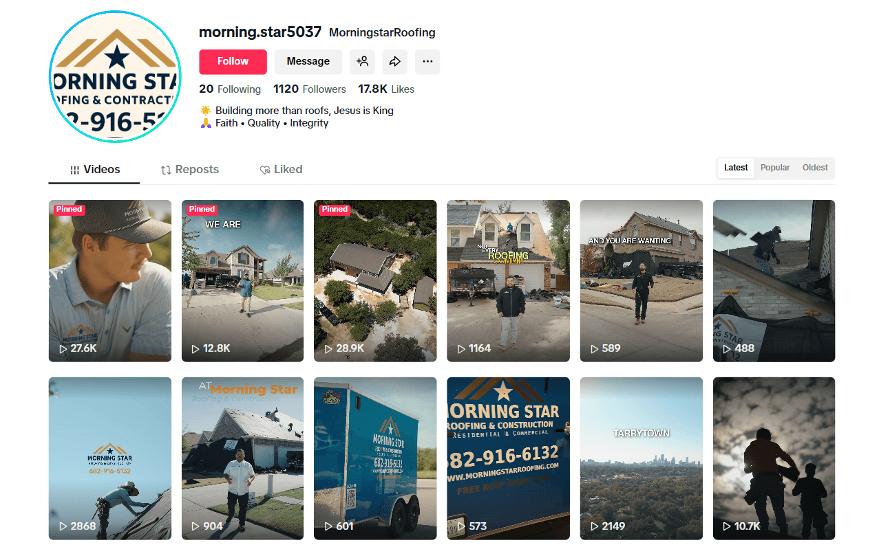 An example of a roofing company using TikTok for social proof.