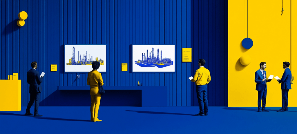 Oil rig mockups on a blue wall being examined