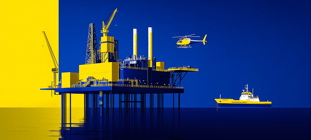 Oil rig with yacht and helicopter nearby