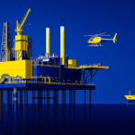 Oil rig with yacht and helicopter nearby