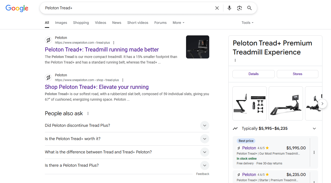 A screenshot of a trademarked branded search query on Google for Peloton Tread+.