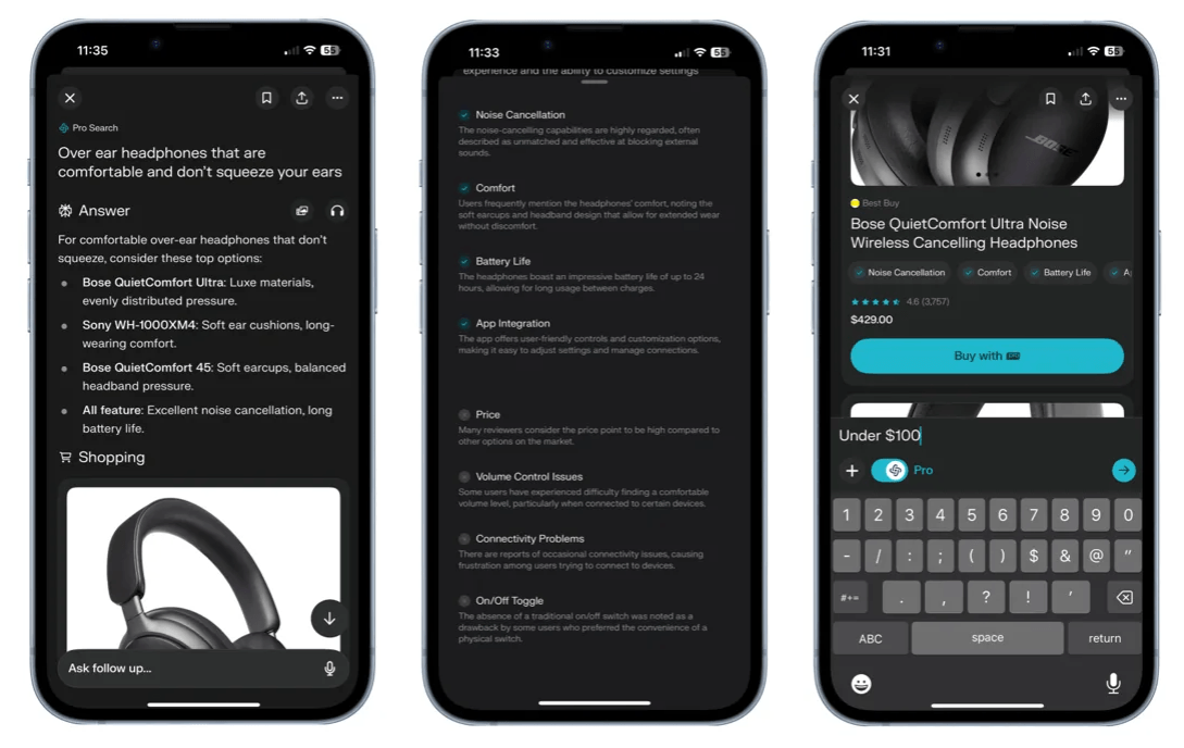 screenshot of perplexity in-chat shopping