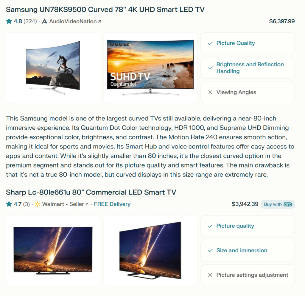 Perplexity Shopping result for TVs