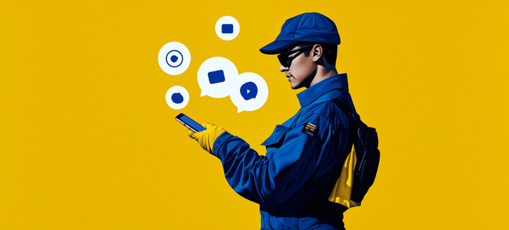 A pest controller surrounded by social media icons