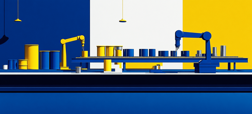 A blue and yellow assembly line