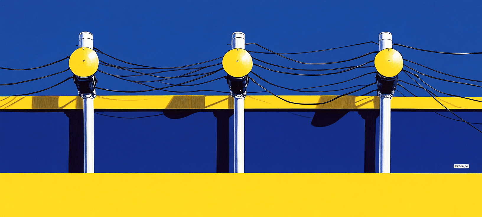 Power lines against blue and yellow background
