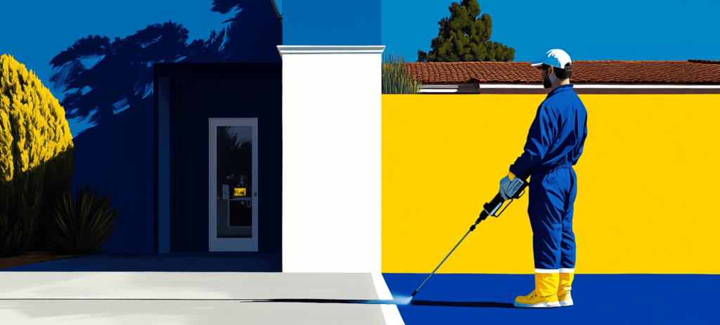 A person pressure washing outdoors