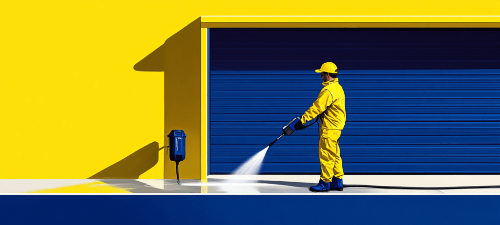 A power washer working on building