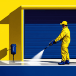 A power washer working on building