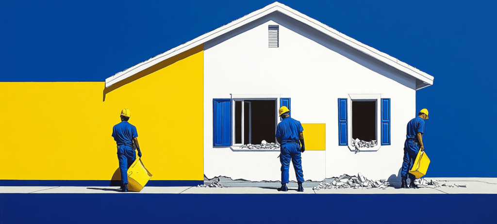 A remodeling team outside yellow and white home