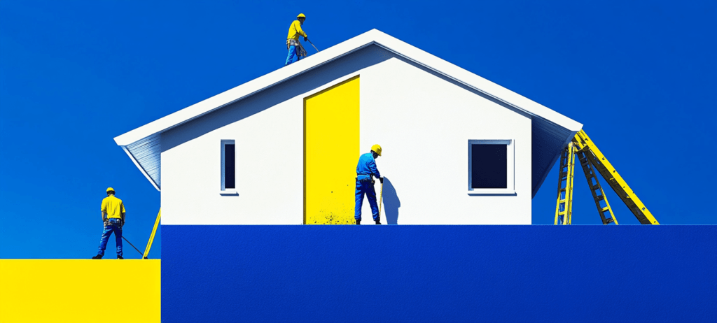 A restoration company working outside white and yellow home