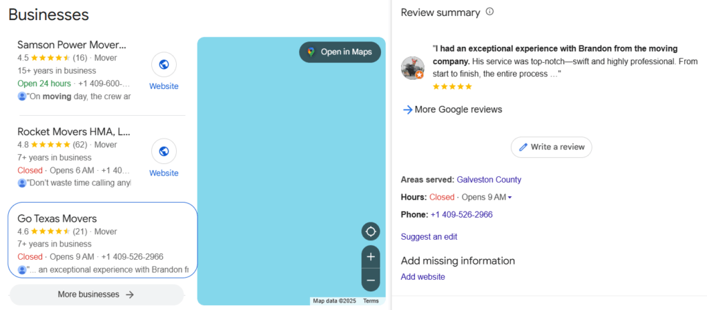 A Google Business Profile review for a moving company