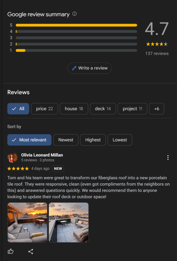 Google Business Profile reviews for roofing company