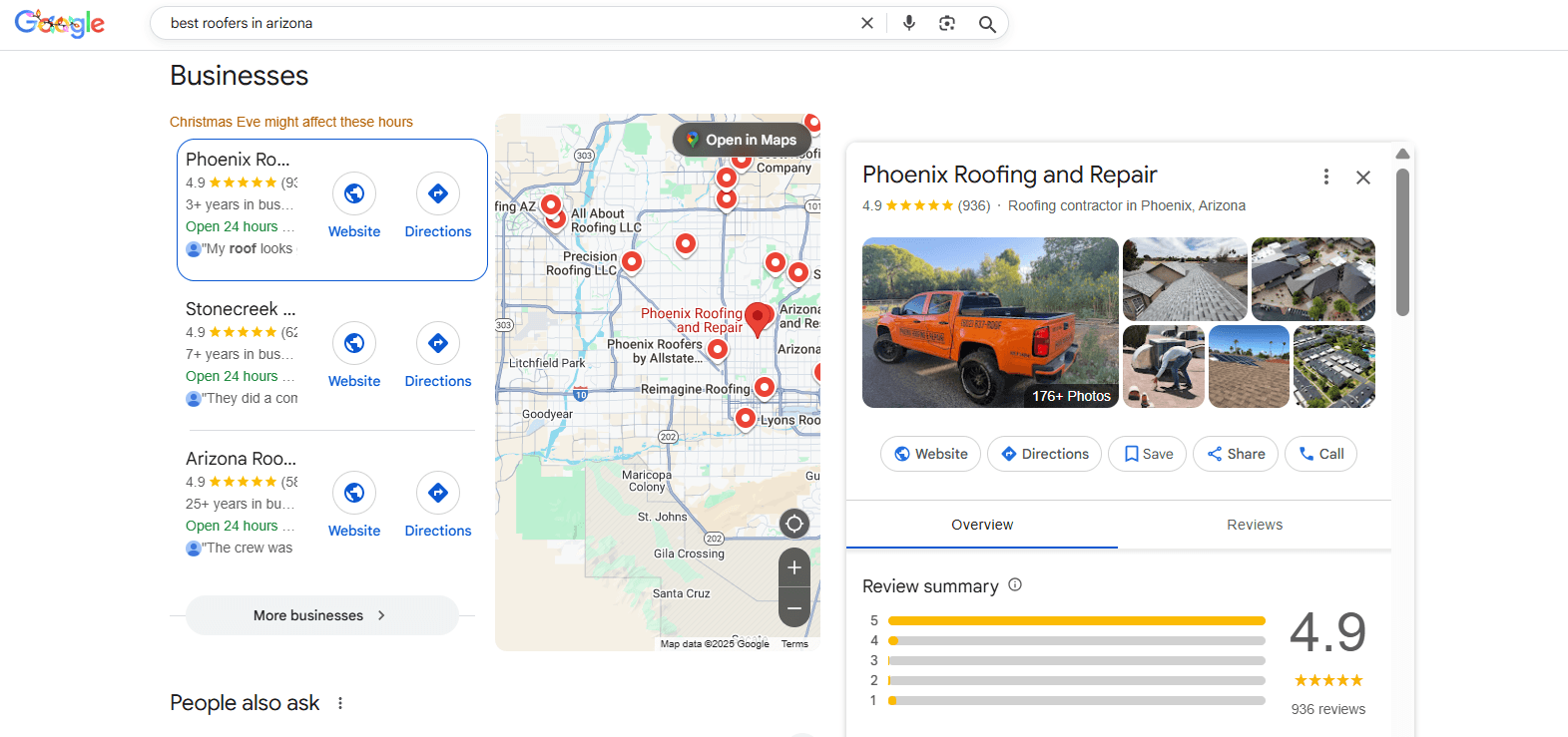 Google local pack results for “best roofers in Arizona” showing ratings, hours, and contact buttons.