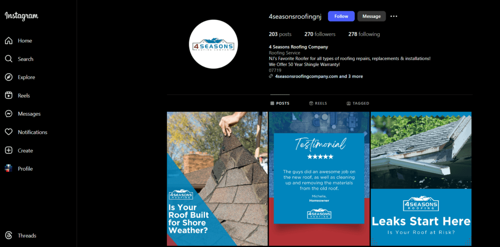 Roofing company's Instagram grid