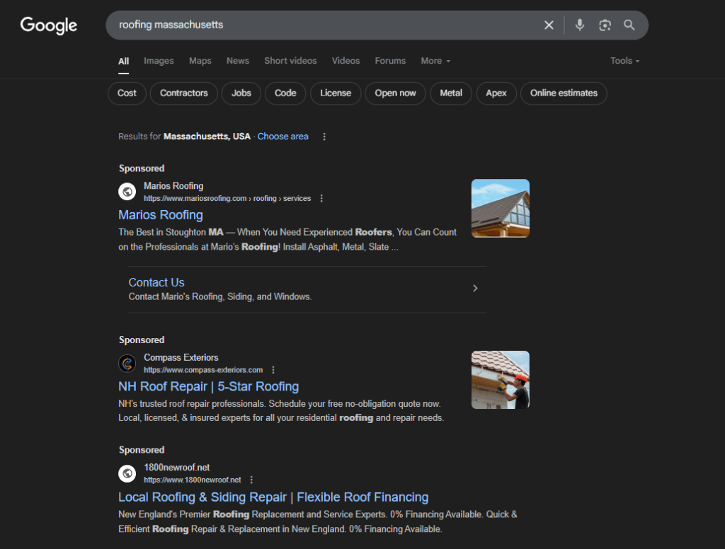 Roofing PPC ads in Google