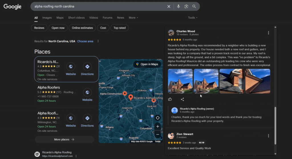 Roofing reviews on Google