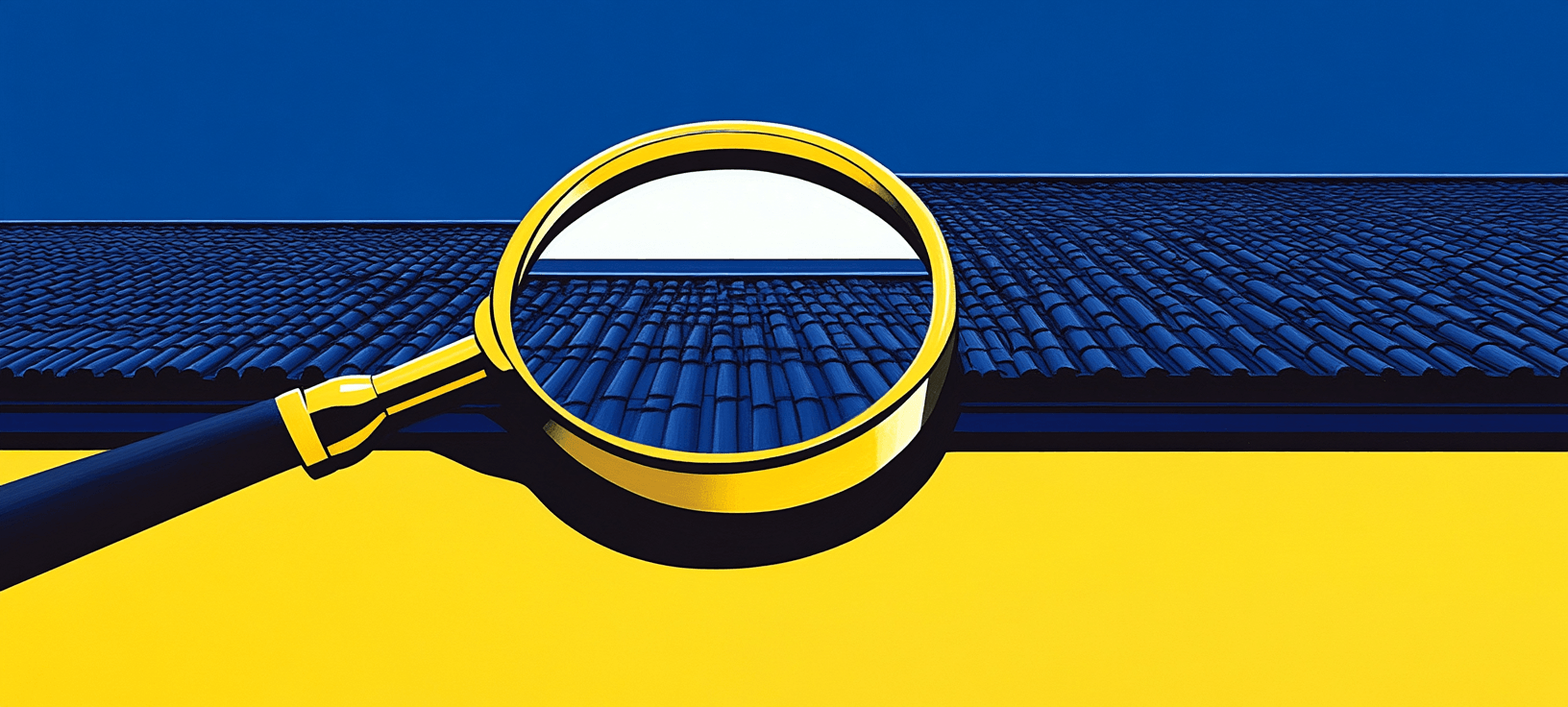 A yellow magnifying glass hovers over a blue tiled roof, with a yellow and blue split background.