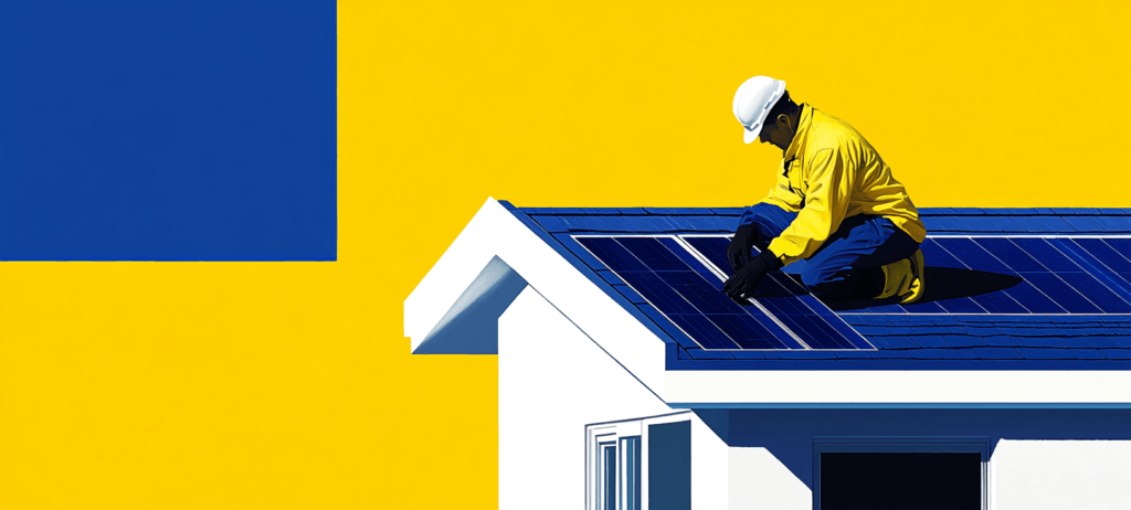 A worker in a yellow jacket and hard hat installs blue solar panels on a blue roof, with a yellow and blue background.