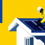 A worker in a yellow jacket and hard hat installs blue solar panels on a blue roof, with a yellow and blue background.
