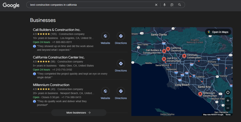 Google Map results for remodeling companies in CA