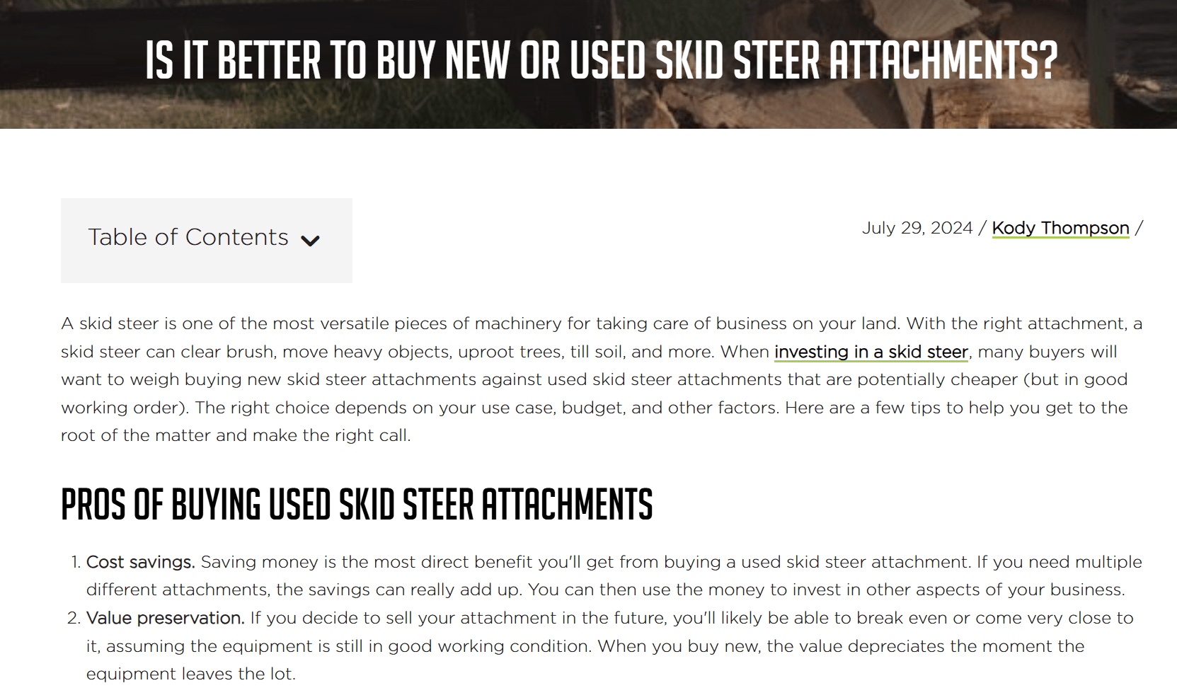blog post detailing whether to buy new or used skid steer attachments