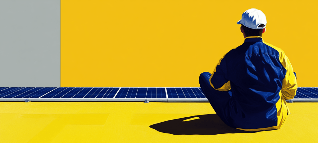 A solar installer looking at panels