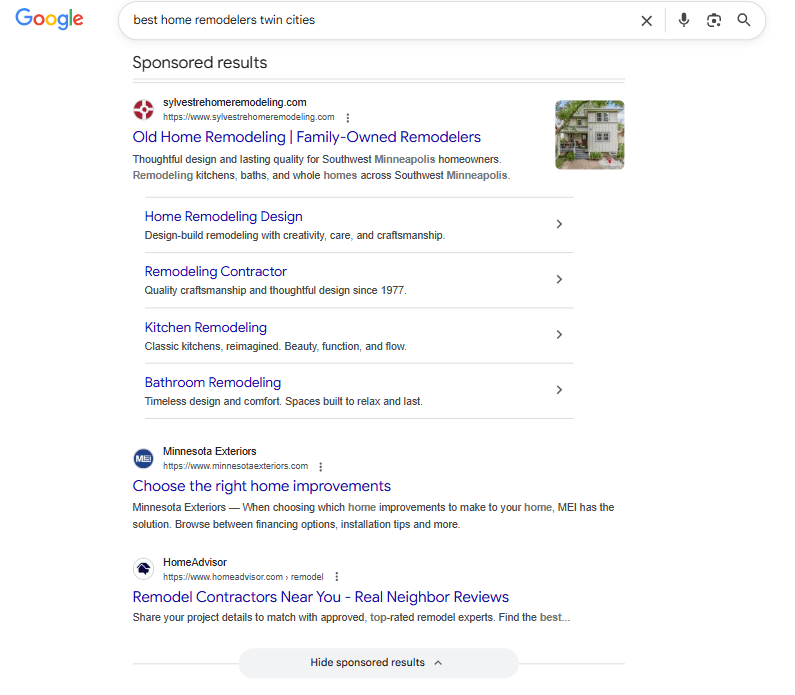 Prominenetly positioned sponsored results for best remodellers twin cities