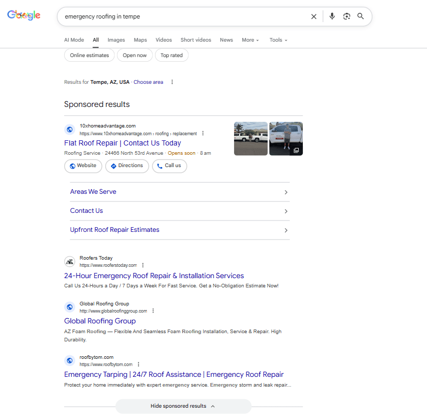 Google search ad for emergency roof repair showing sitelinks and callouts.