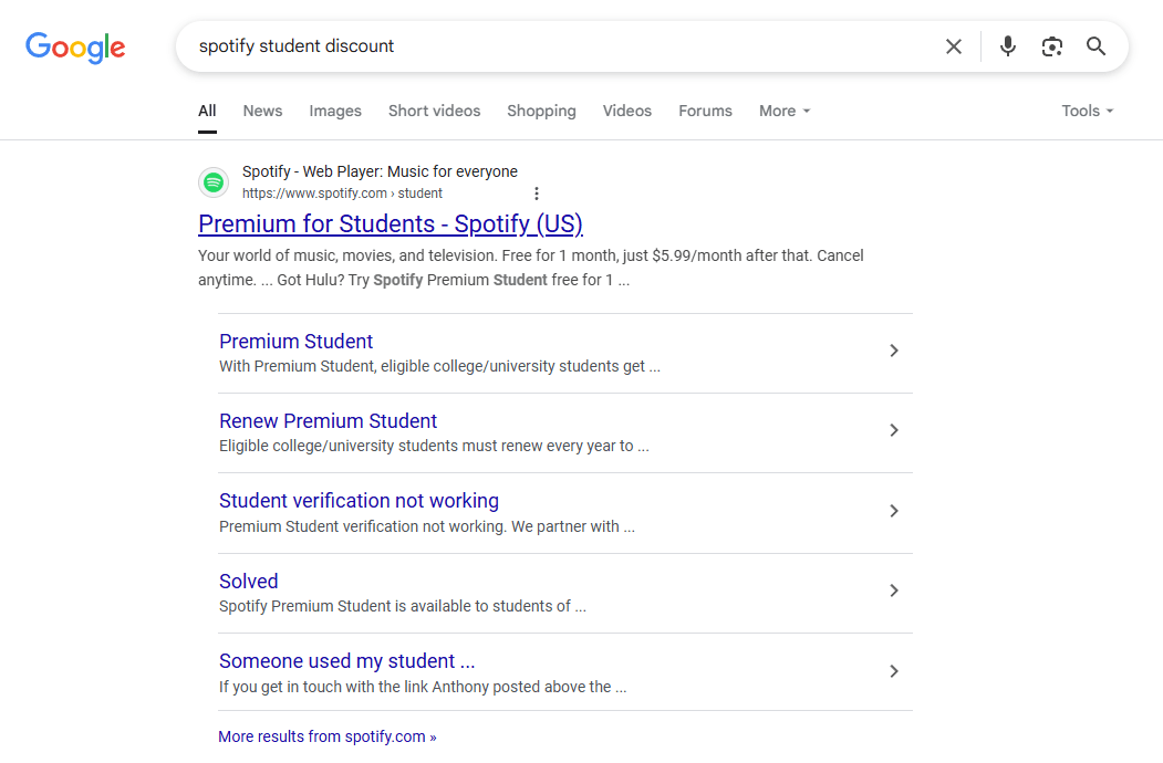 A screenshot of a branded search query on Google for Spotify student discount.