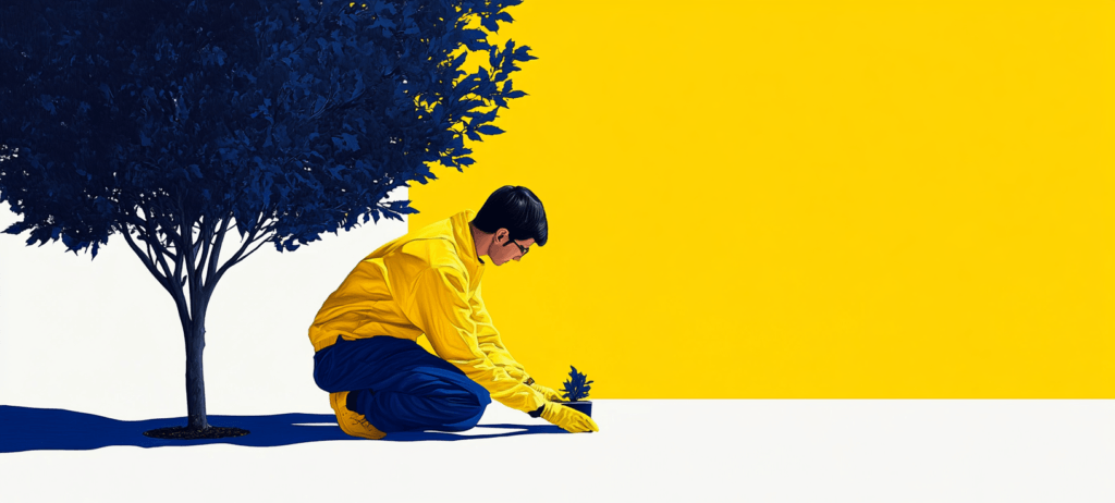 A person caring for a seedling