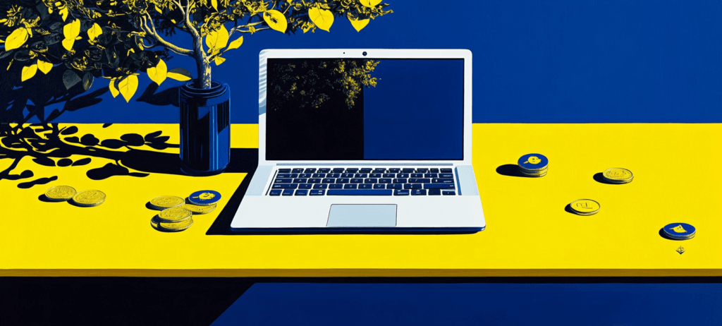 A laptop surrounded by coins
