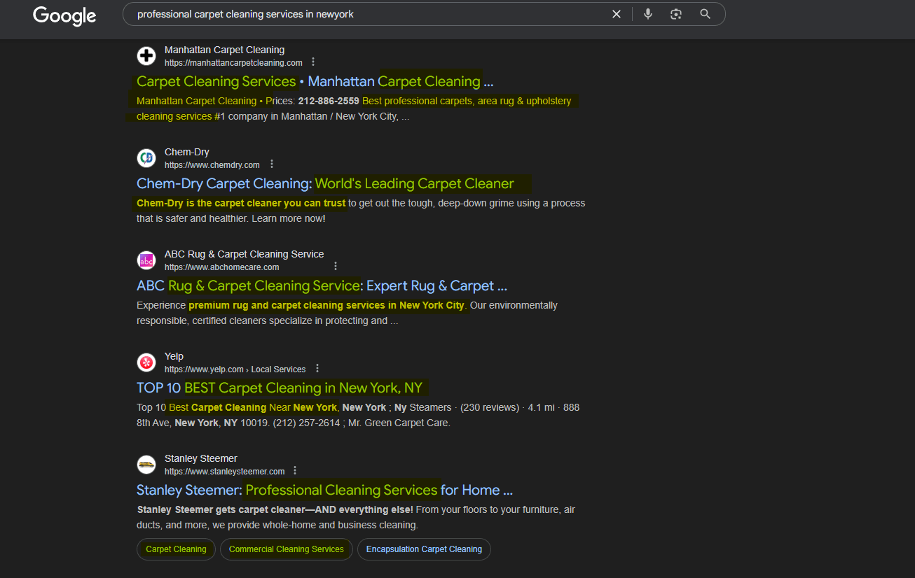 Google search results with highlighted target keywords