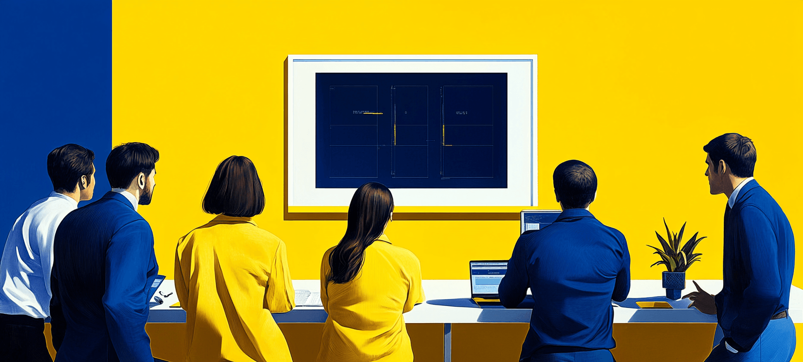 Team collaborating at white table with laptops in modern office space featuring yellow and blue decor, blueprint art, and greenery