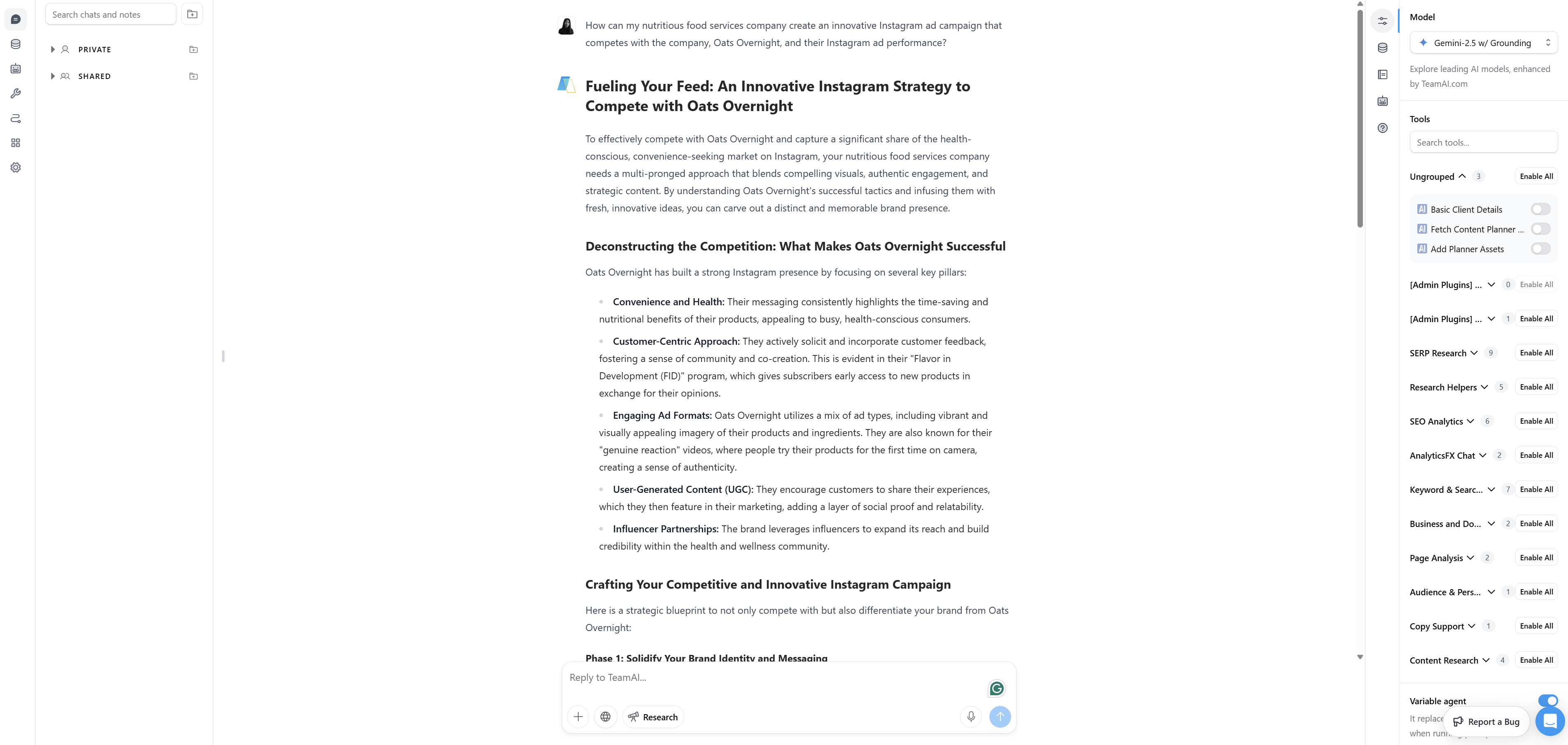 User asking TeamAI for innovative social media ad campaign ideas.