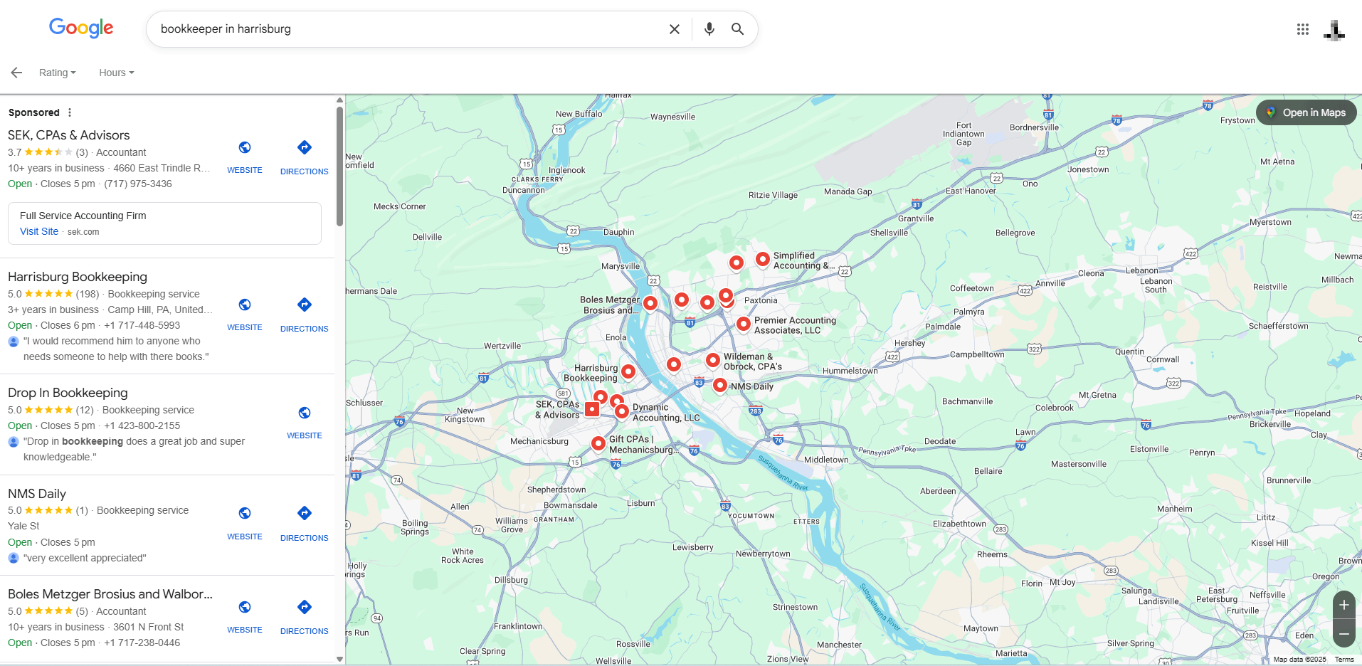 local SEO results for bookeeper in Harrisburg