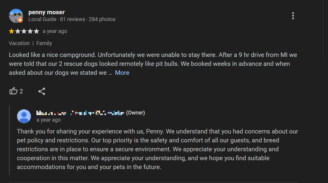 campground review response