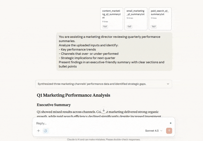 Claude supports analysis by summarizing and interpreting complex information
