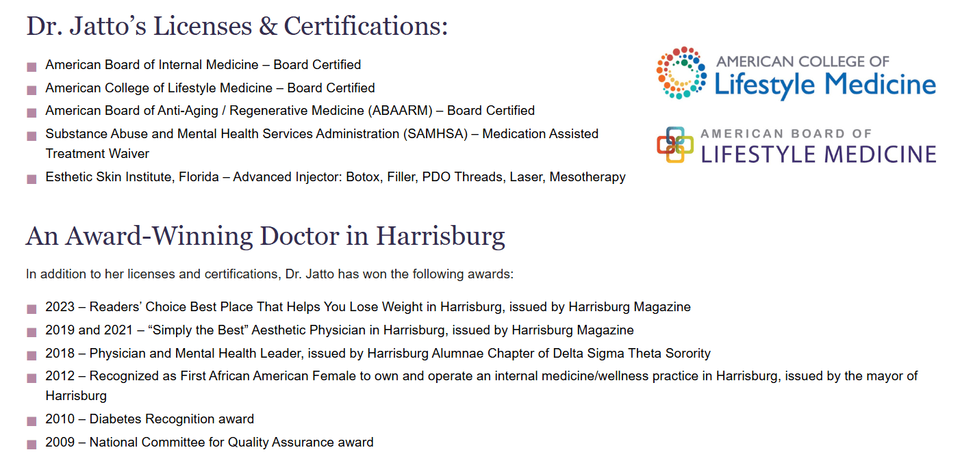 A physician&rsquo;s About Us page shows credentials, awards, and certifications