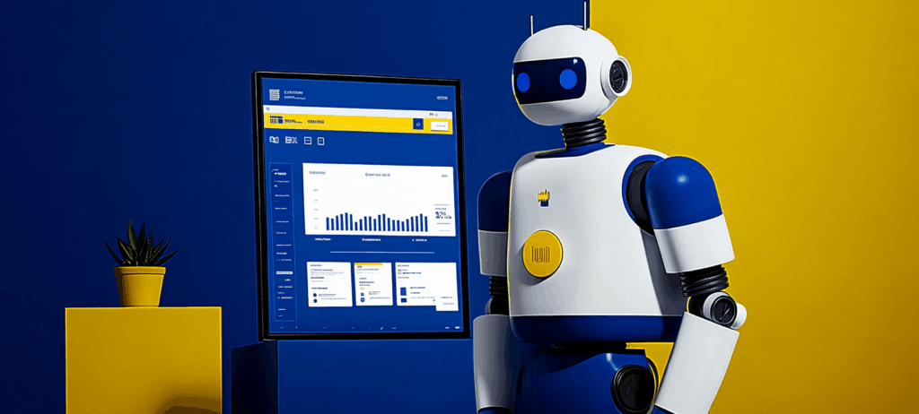 Robot showing AI marketing examples and statistics.