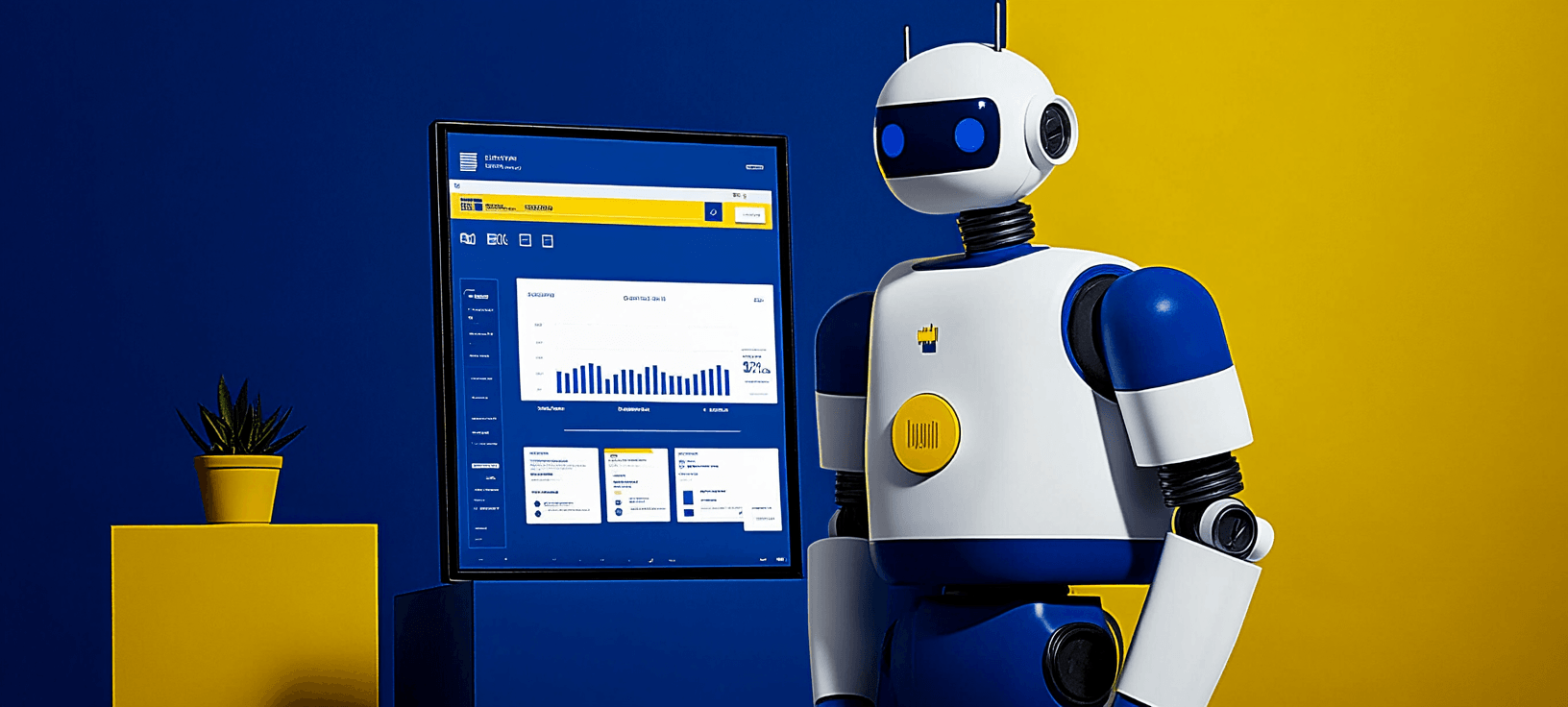 Robot showing AI marketing examples and statistics.