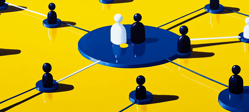 Human-like figures converging from different paths onto a blue circle in the middle