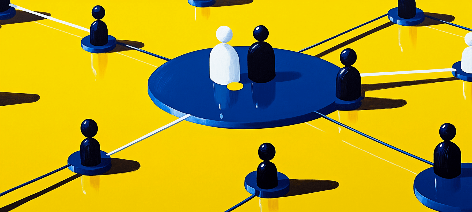 Human-like figures converging from different paths onto a blue circle in the middle
