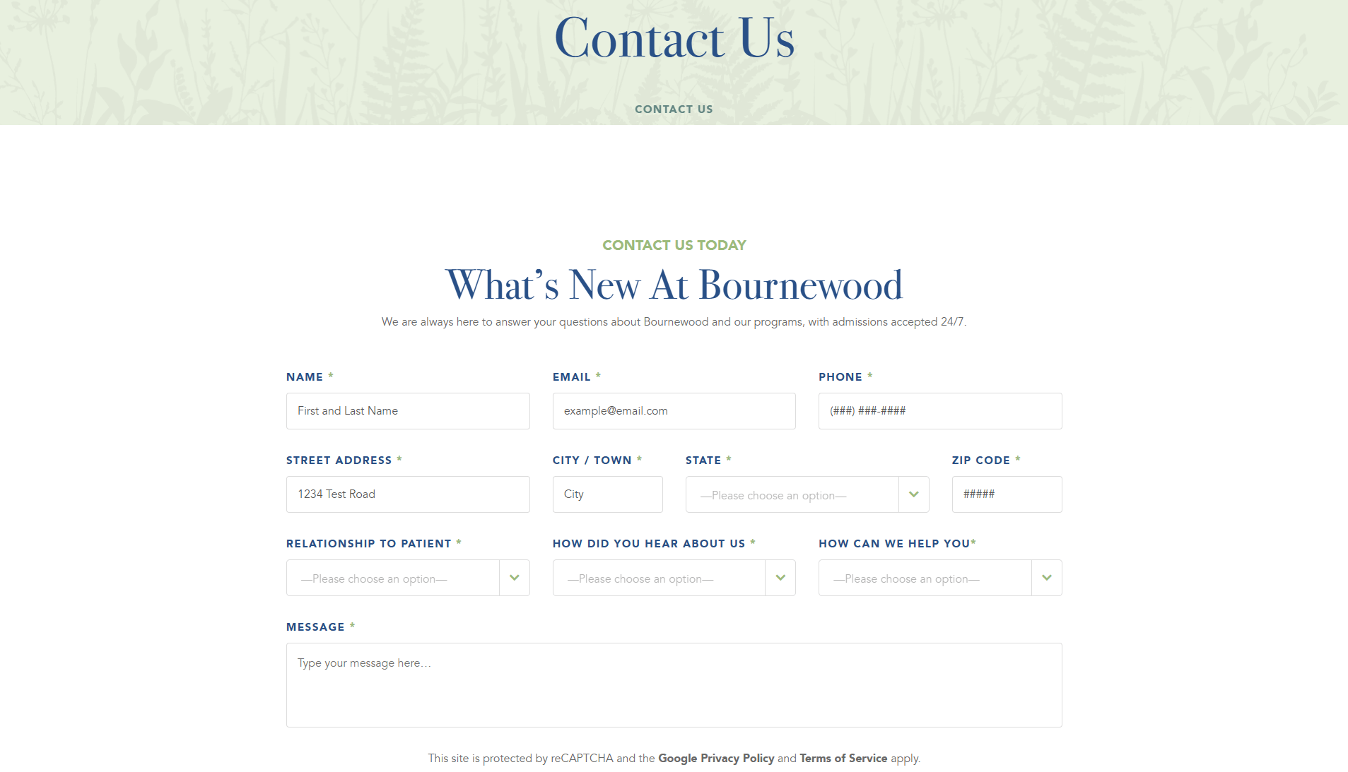 Bournewood Health Systems contact us page