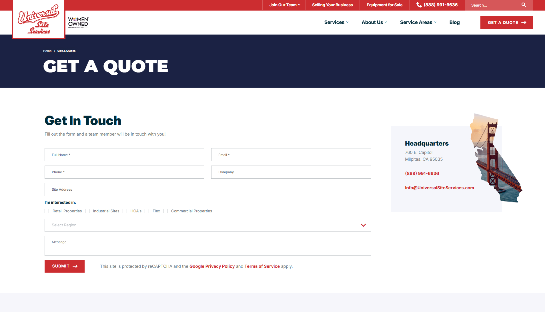 Universal Site Services get a quote page