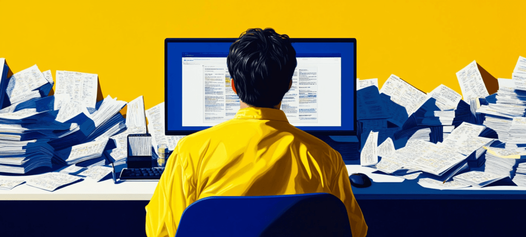 man sitting at messy desk with computer
