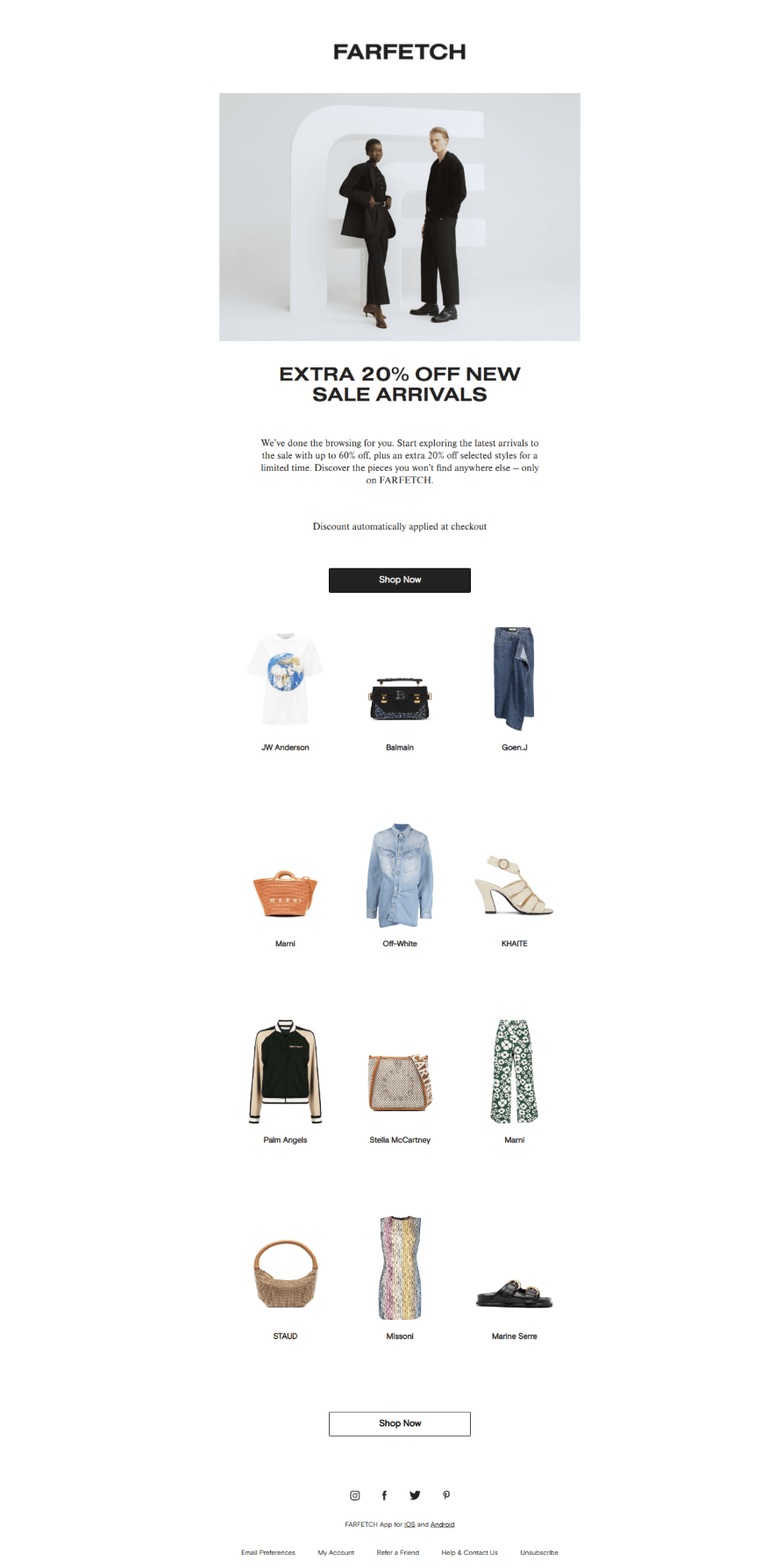 Farfetch email newsletter offering 20 percent off new sale arrivals.